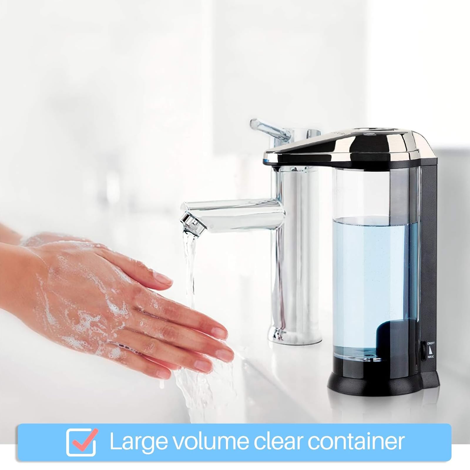 Secura clear reservoir displaying soap level for easy refill monitoring
