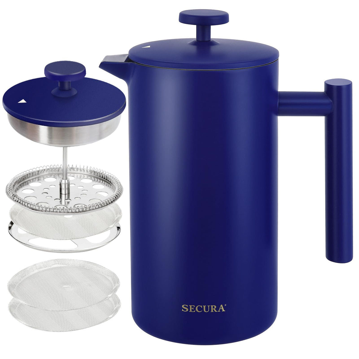 Secura front view of blue insulated French press showing sleek silhouette and easy pour