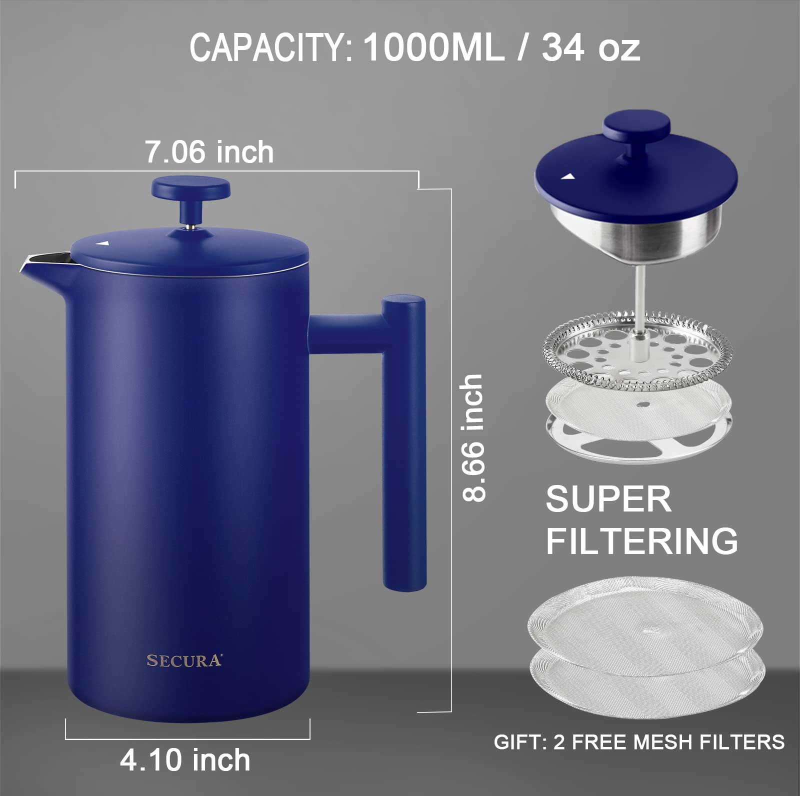 Secura plunger disassembled to show removable parts for simple cleaning