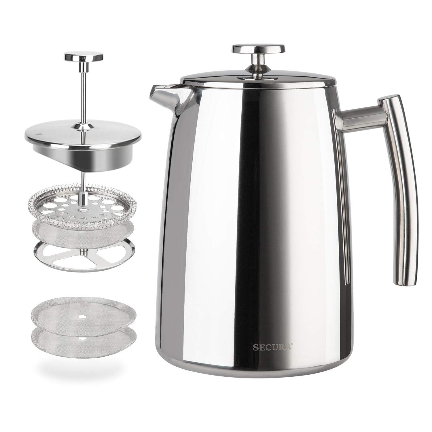 Secura front view stainless French press showing build and capacity benefit