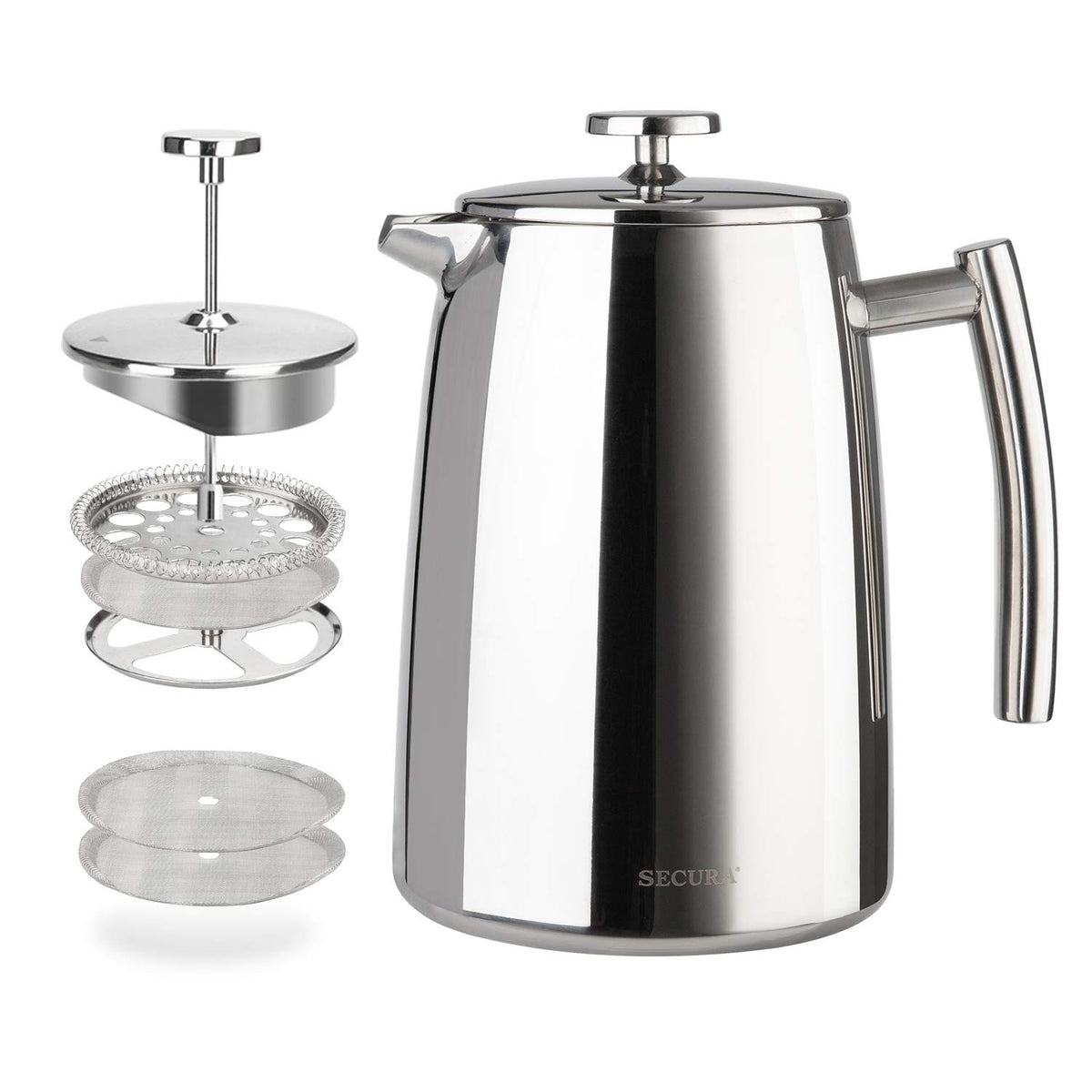 Secura front view stainless French press showing build and capacity benefit