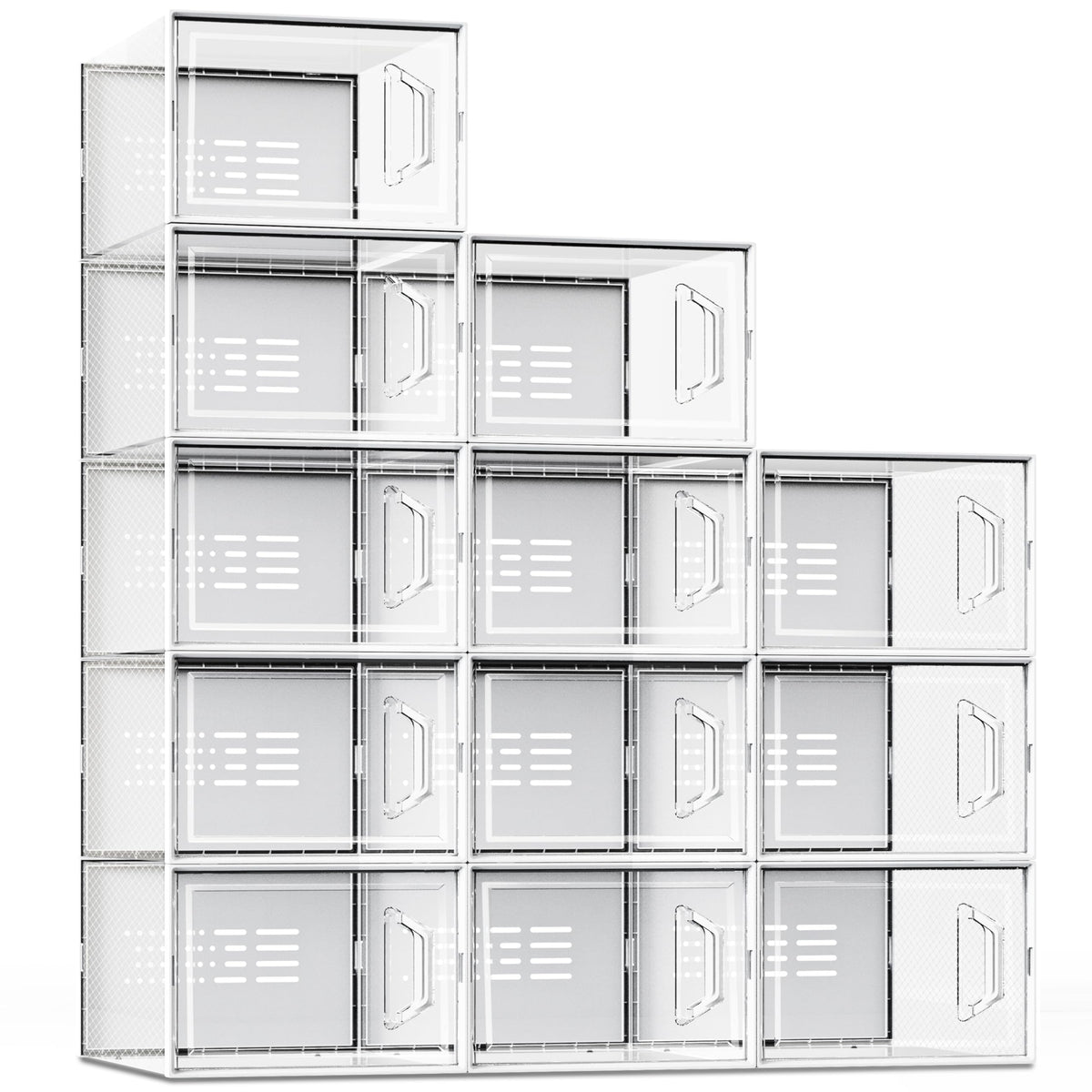 SEE SPRING front view stacked clear boxes showing organized sneakers and easy selection