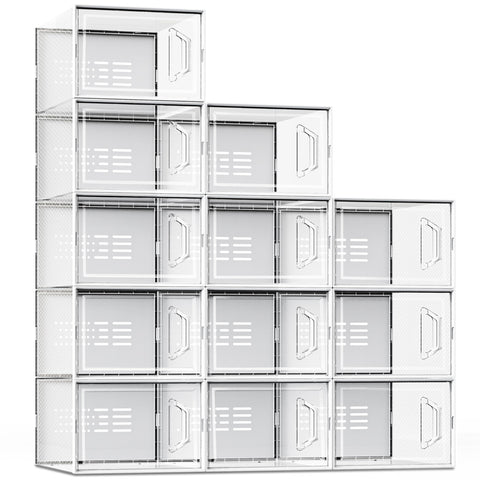 SEE SPRING front view stacked clear boxes showing organized sneakers and easy selection