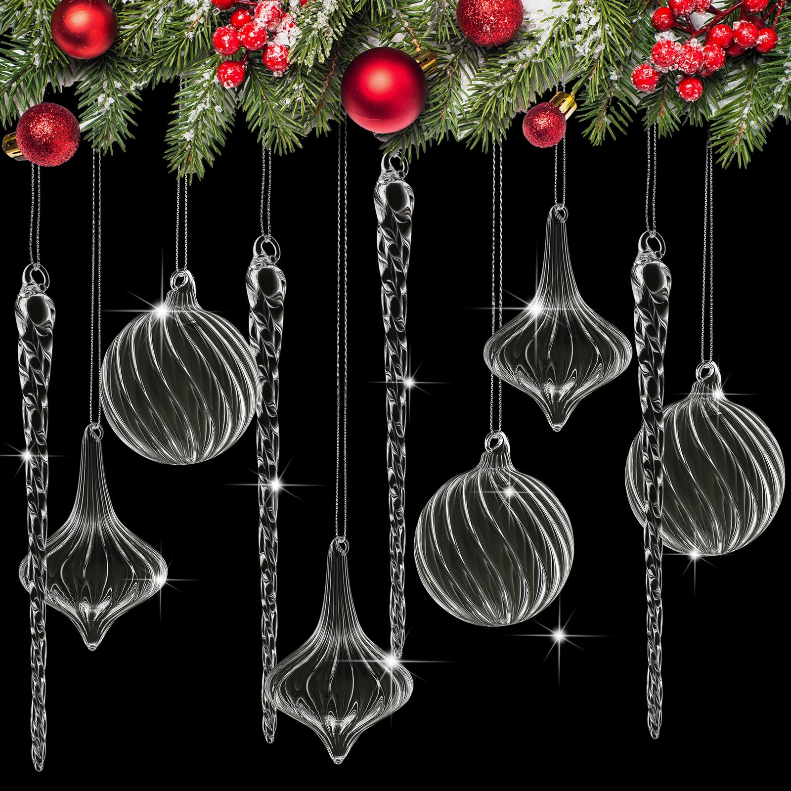 Seematn front display of clear glass ornaments showing elegant sparkle benefit