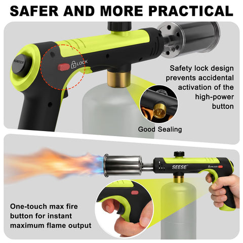 SEESE torch connected to propane tank showing scale and portable fueling convenience