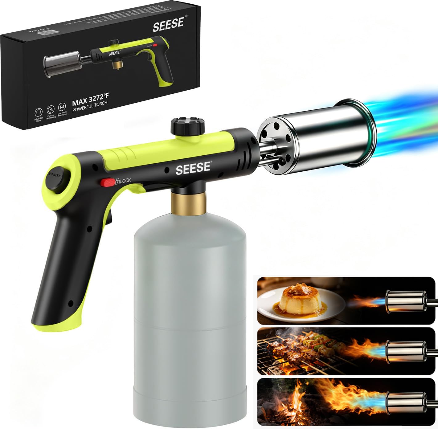 SEESE torch front view showing robust build and ergonomic grip for easy handling