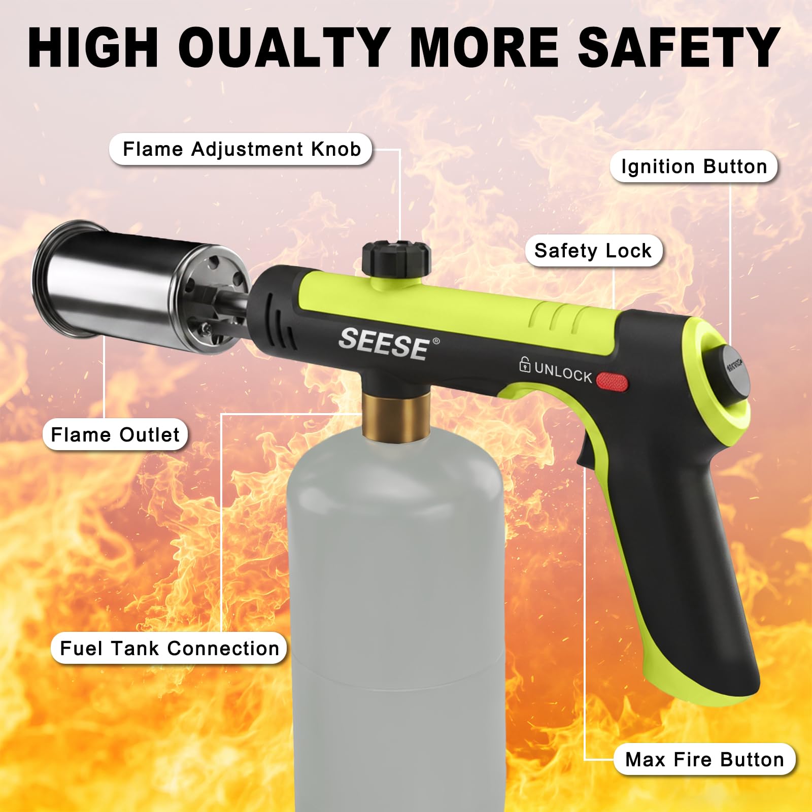 SEESE torch safety lock closeup demonstrating accidental-activation prevention