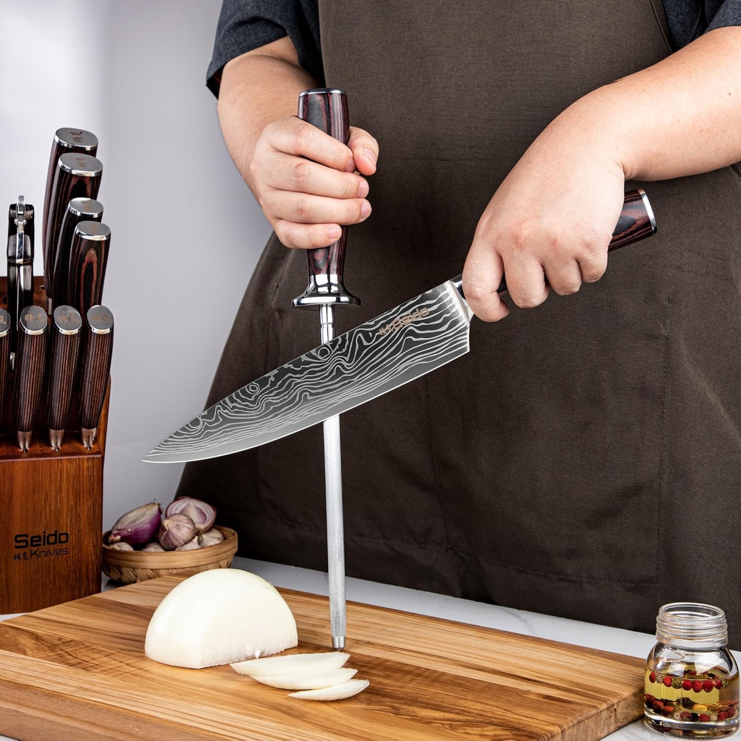Seido chef knife slicing vegetables to show precise cuts and efficient prep benefit