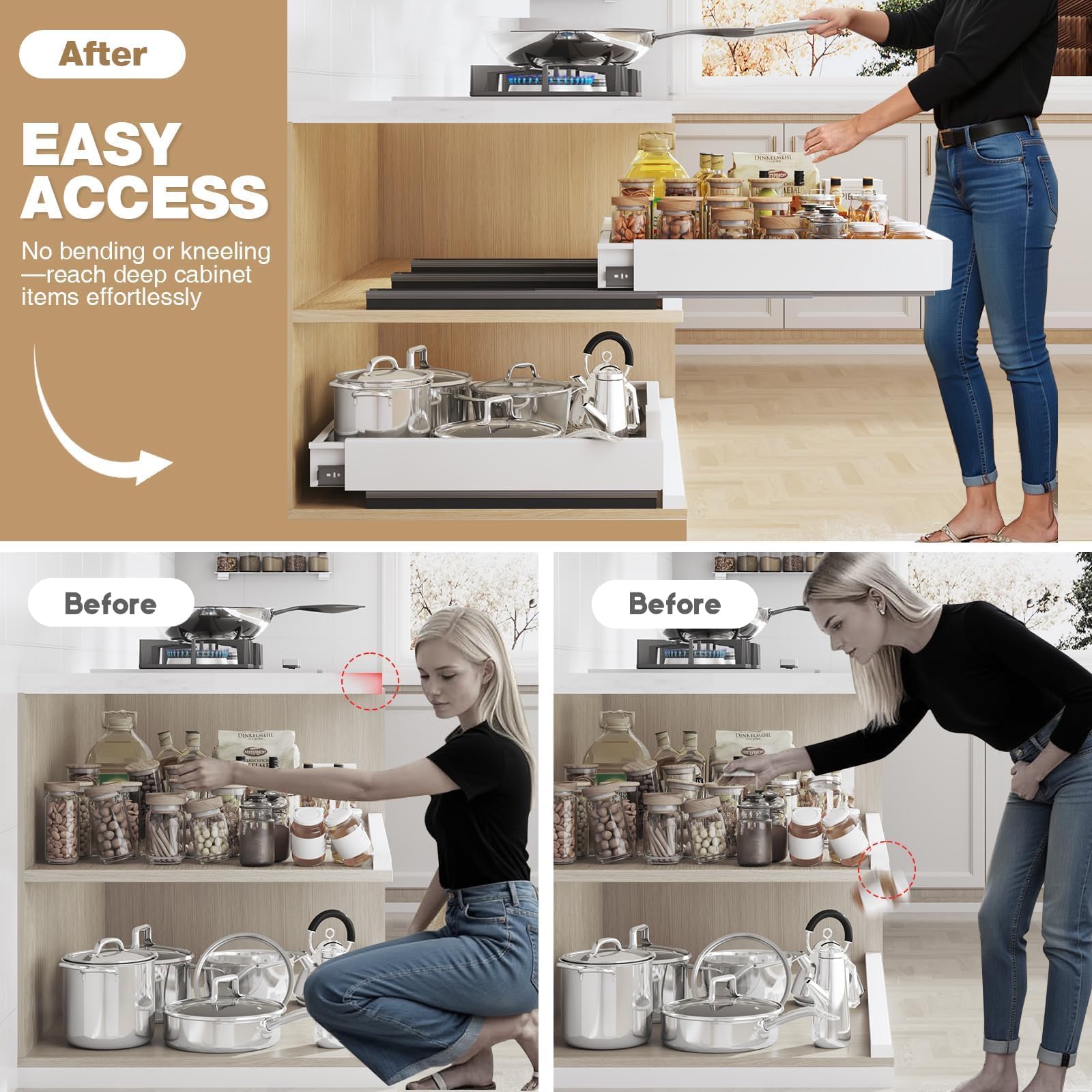 Seinloes drawer open with pots and lids showing organized storage benefit
