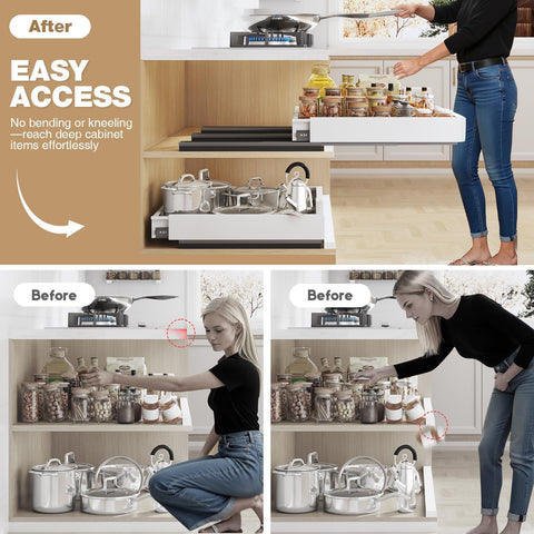 Seinloes drawer open with pots and lids showing organized storage benefit