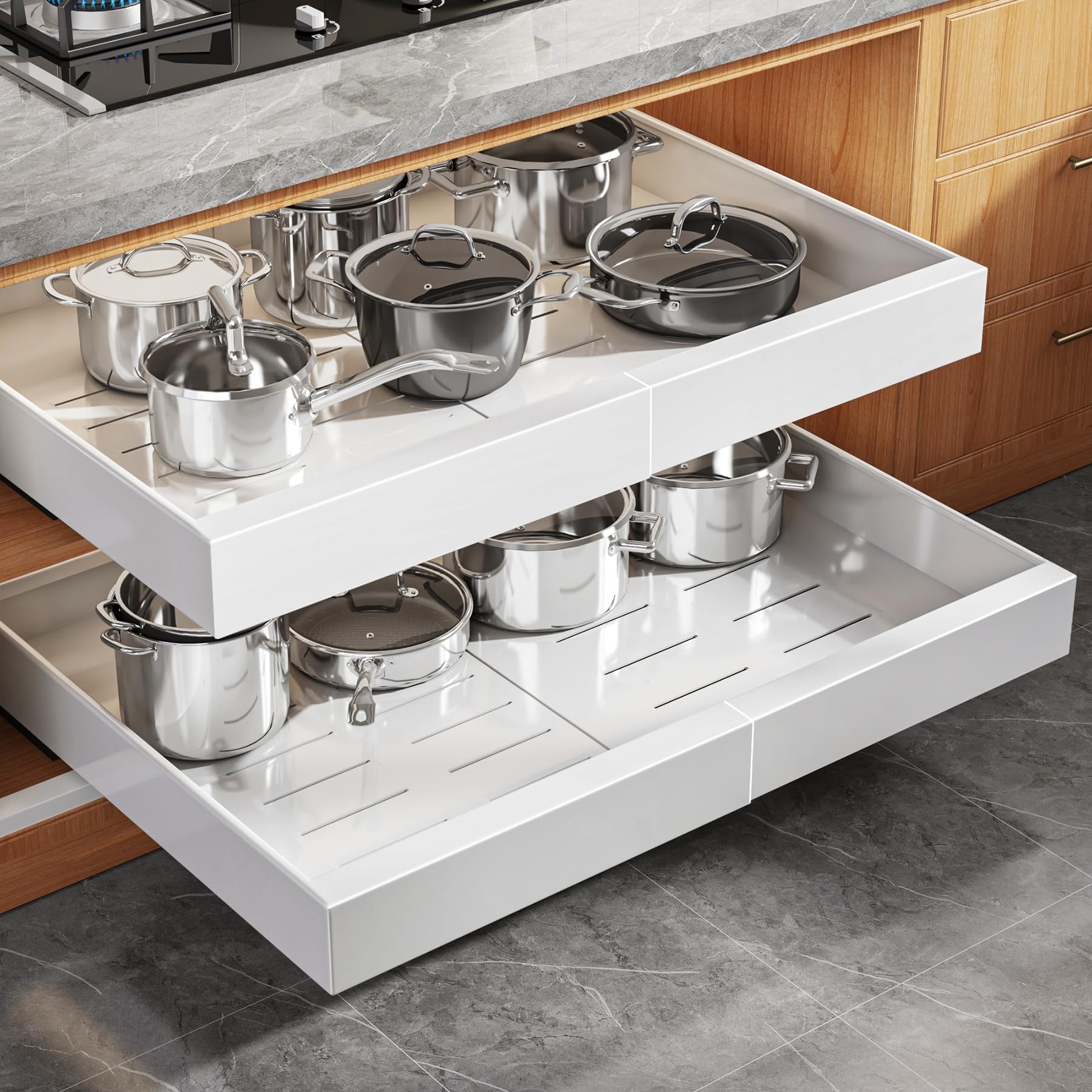 Seinloes front view of two white expandable pull-out organizers showing size