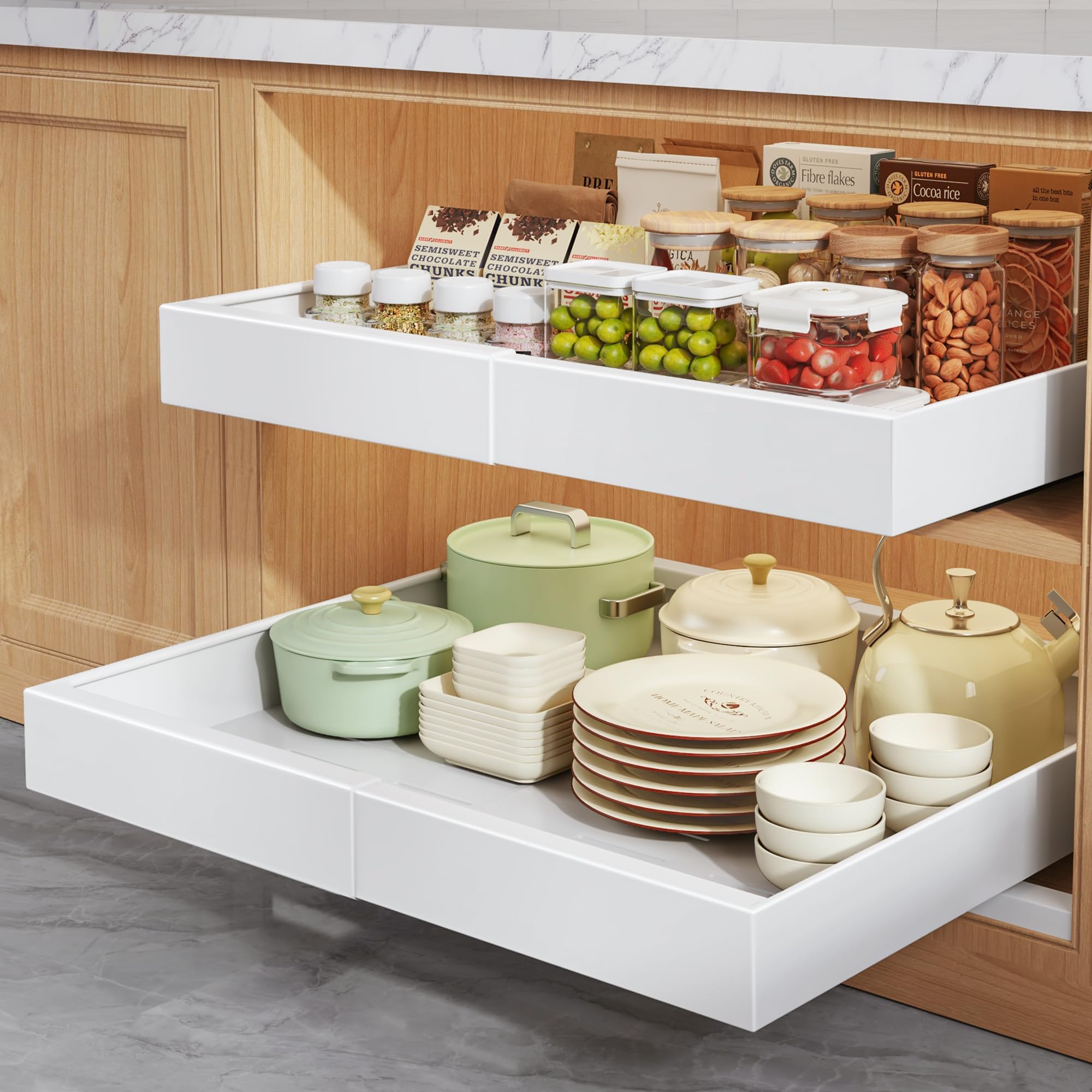 Seinloes front view of two pull-out organizers showing clean white finish and compact design for instant storage