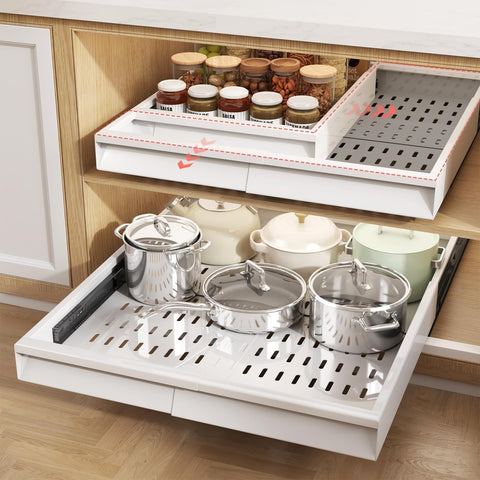 Seinloes front view of two pull-out organizers showing tidy storage benefit