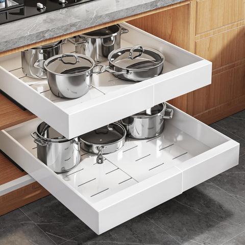 Seinloes front view showing two packaged pull-out organizers and benefits of space-saving