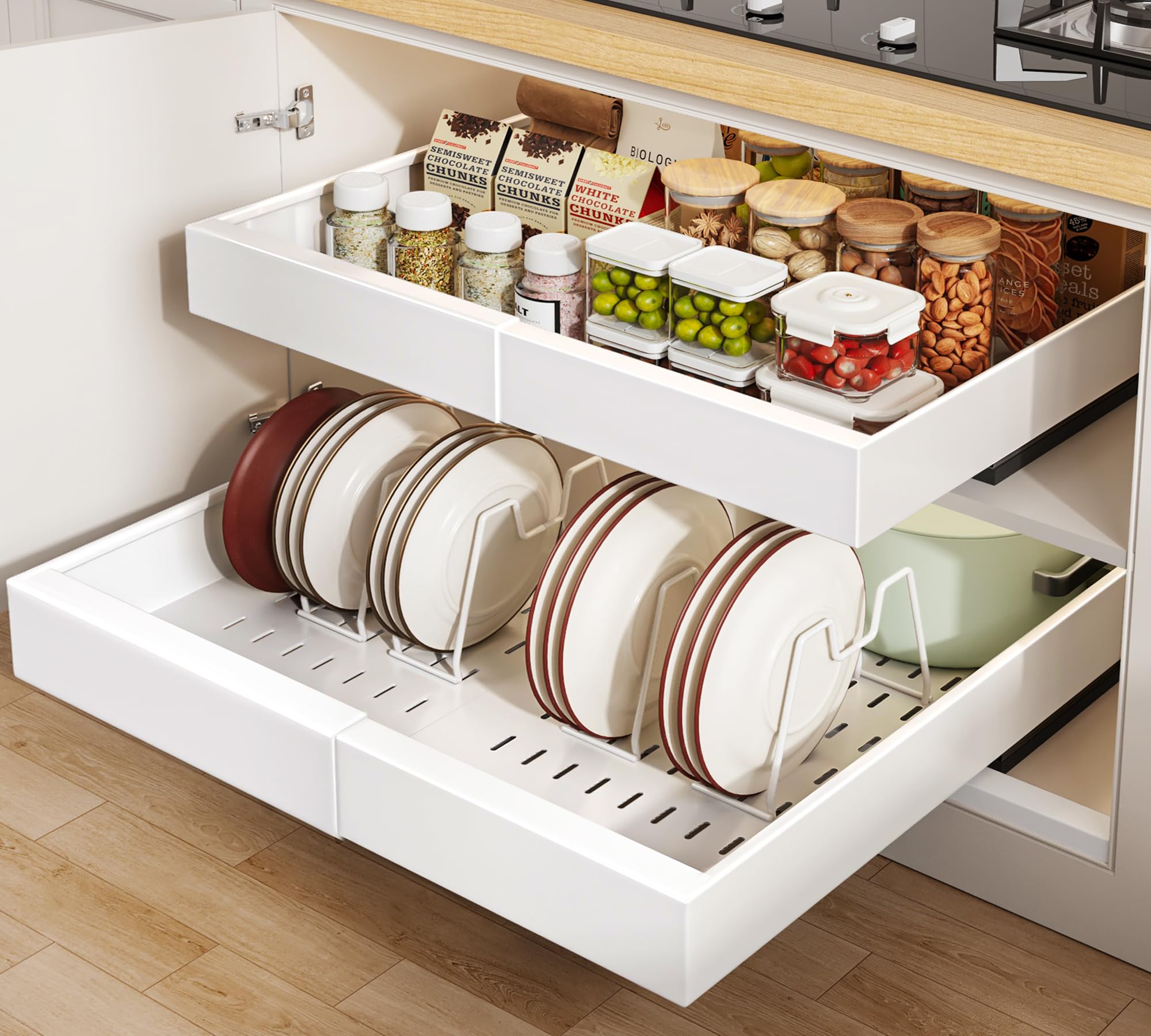 Seinloes front view of both pull-out drawers showing neat organization benefit