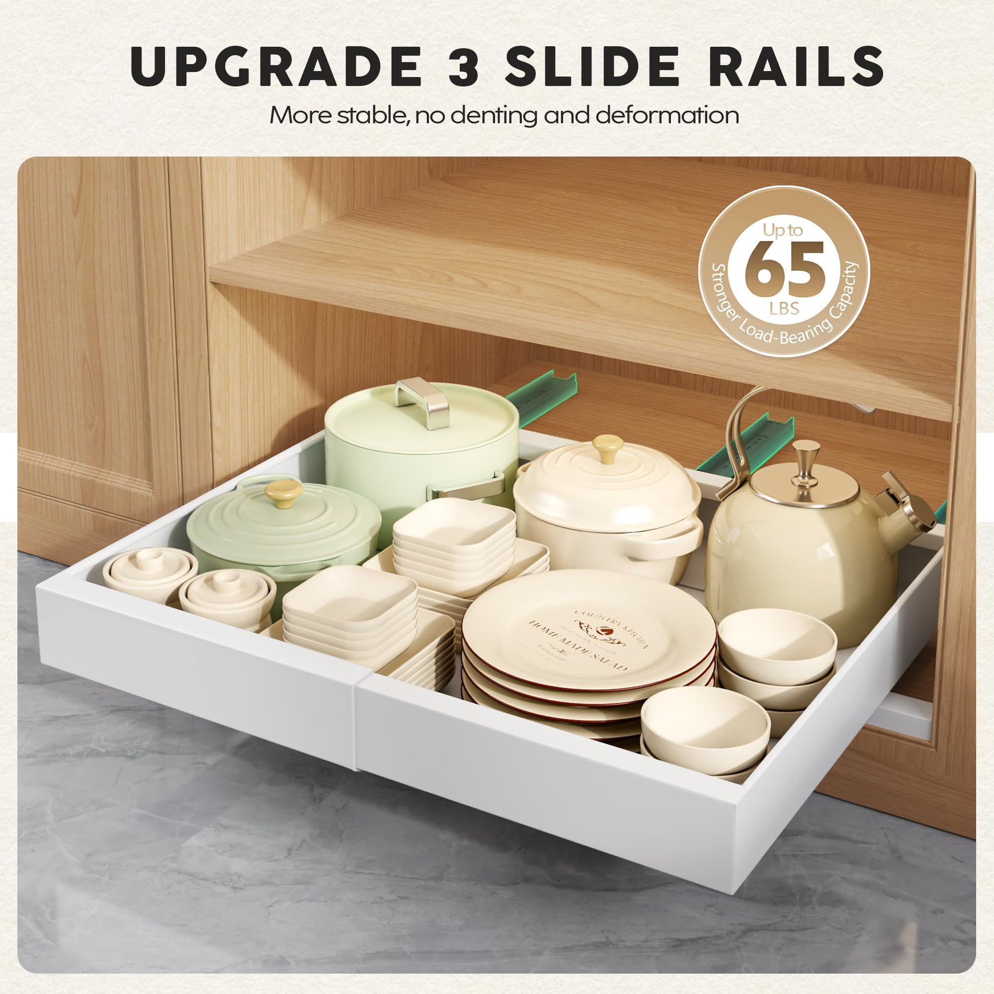 Seinloes installed inside a kitchen cabinet offering full pull-out access and improved item visibility