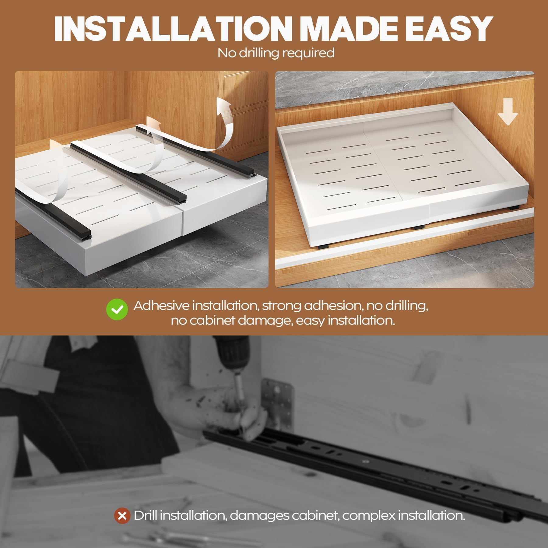 Seinloes adhesive raising pad detail showing tool-free installation benefit
