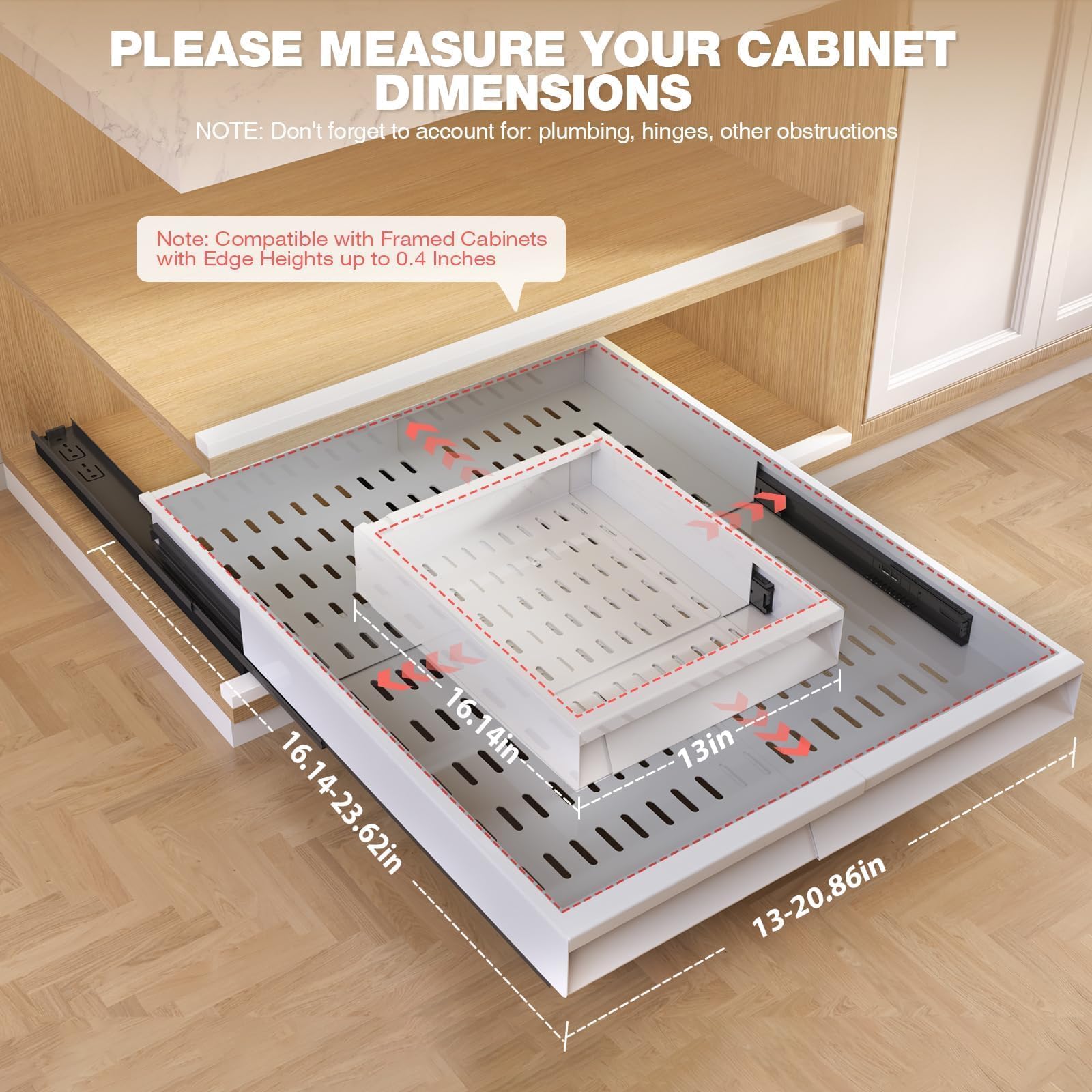 Seinloes raising pad and frame connection showing framed-cabinet clearance benefit