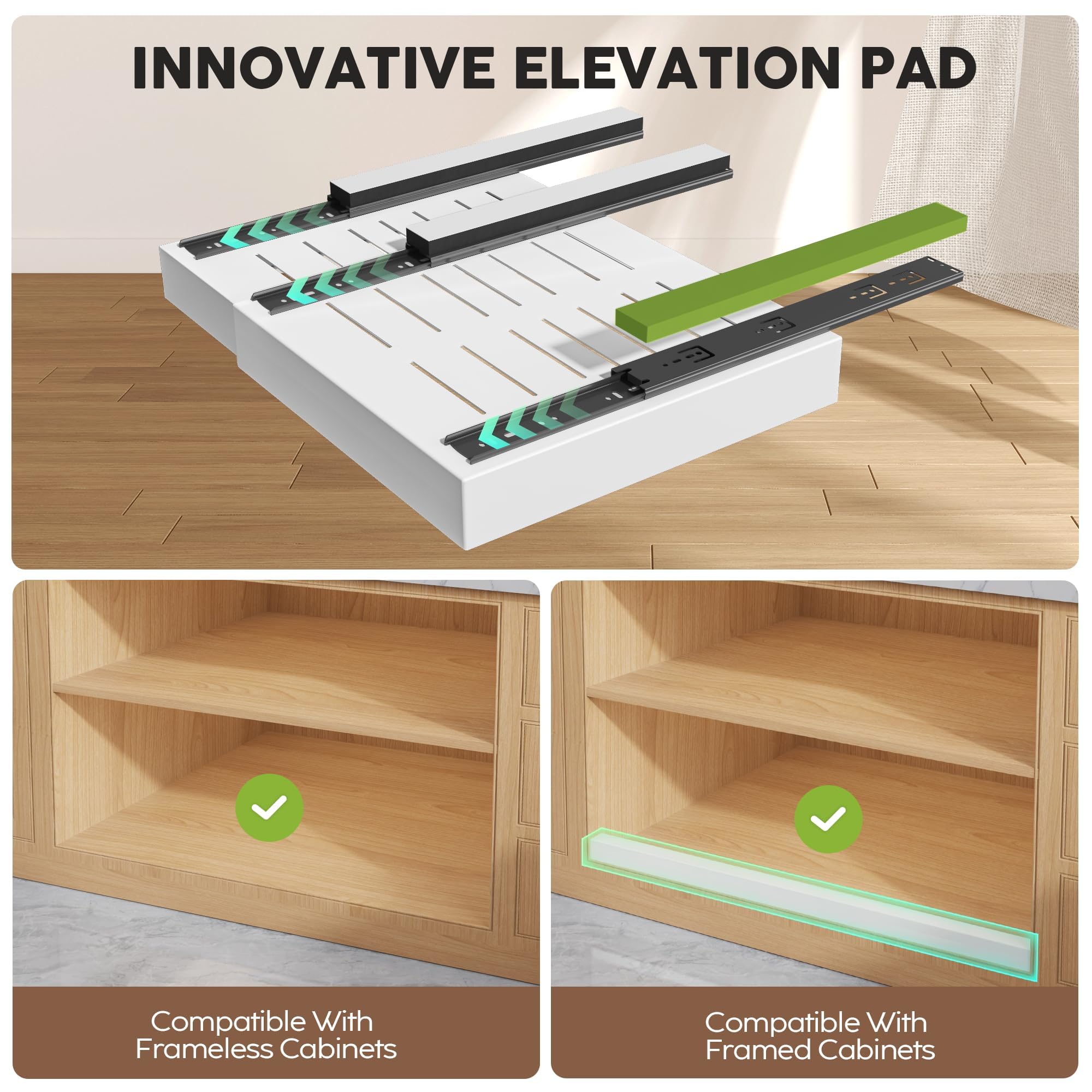 Seinloes raising pad detail demonstrating framed cabinet compatibility and easy leveling benefit