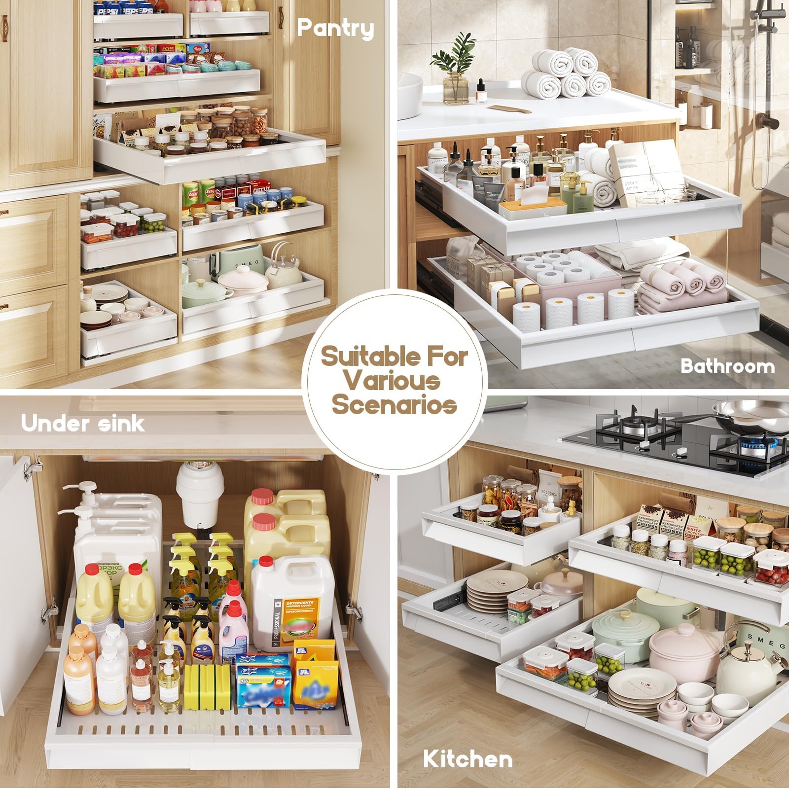 Seinloes size comparison inside cabinet showing adjustable fit benefit