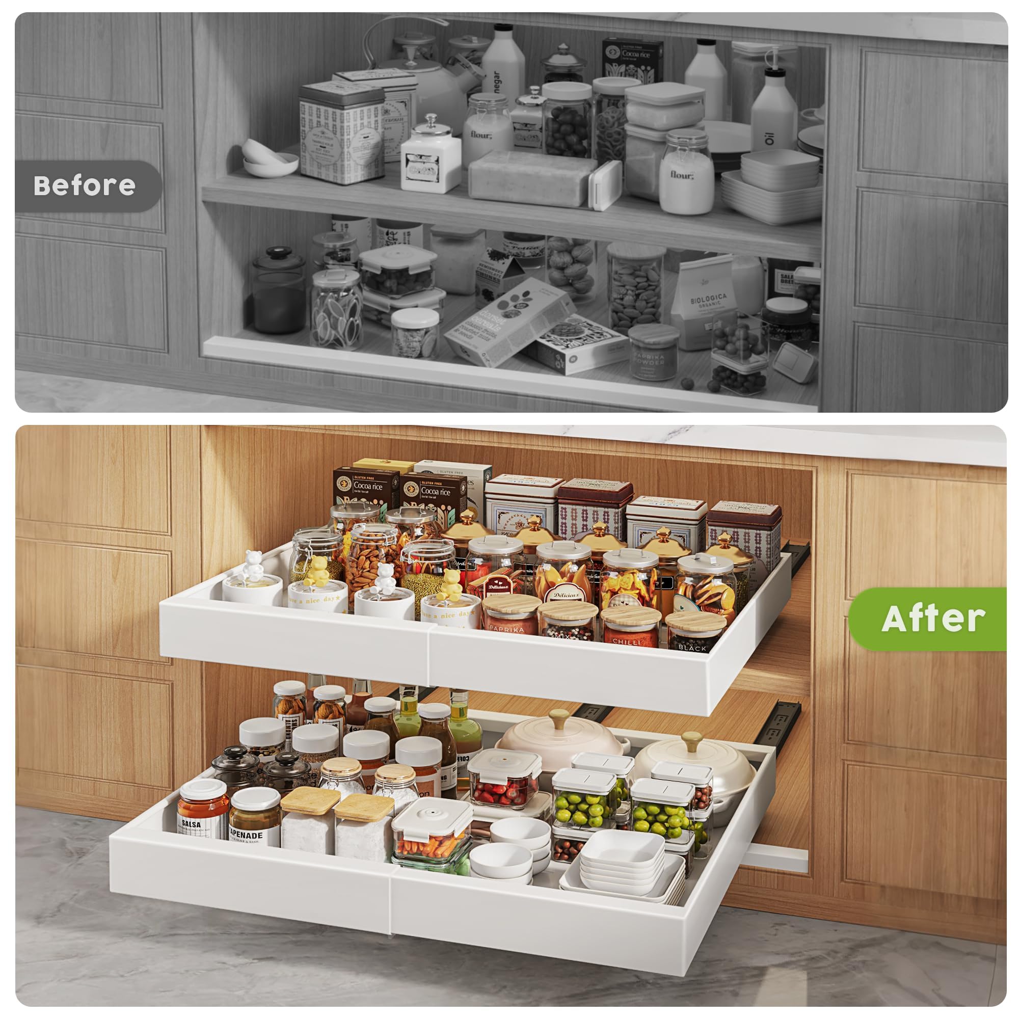 Seinloes holding pots and pans to illustrate organized storage and quicker access while cooking