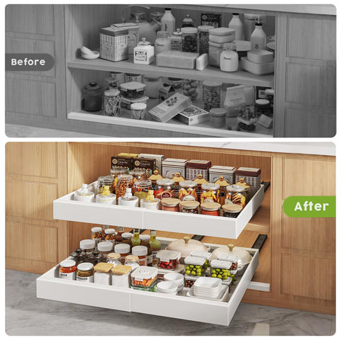 Seinloes holding pots and pans to illustrate organized storage and quicker access while cooking