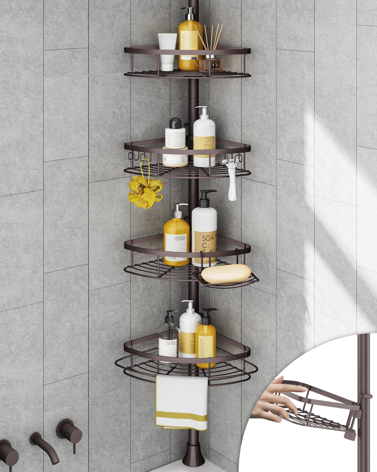 SEIRIONE front view of corner caddy showing organized bottles and tidy storage