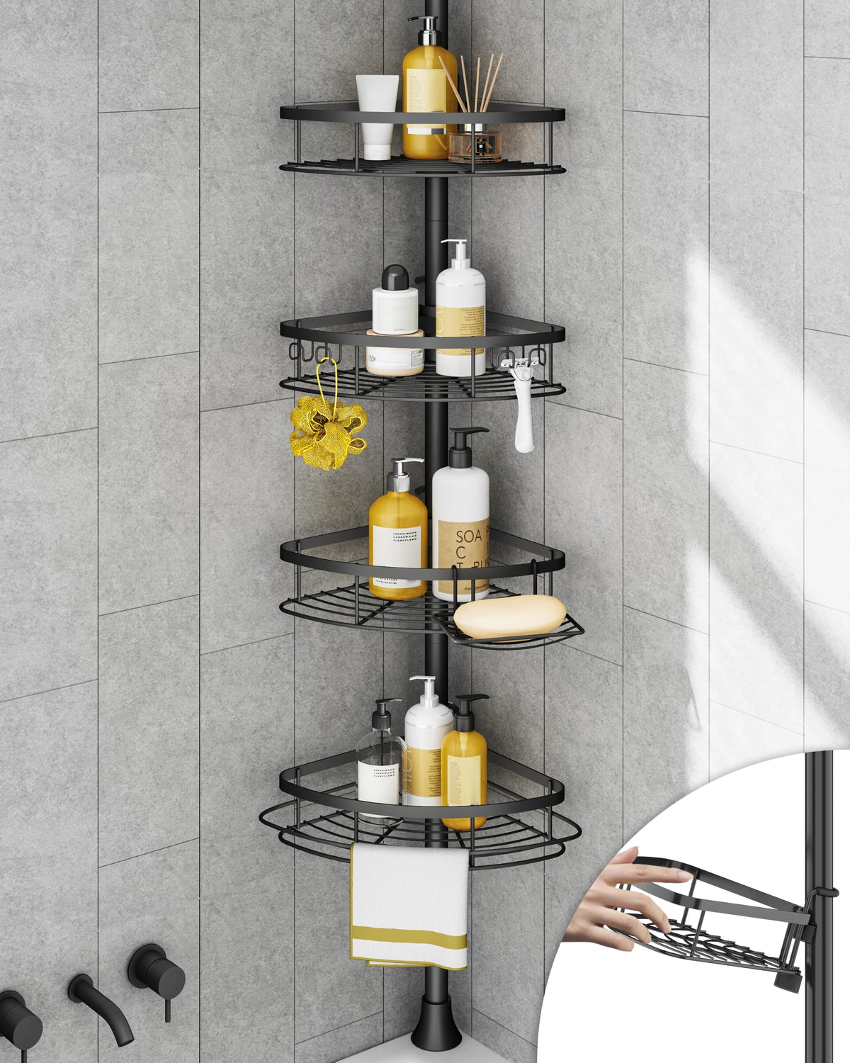 SEIRIONE front view corner caddy showing organized bottles and towels benefit space-saving