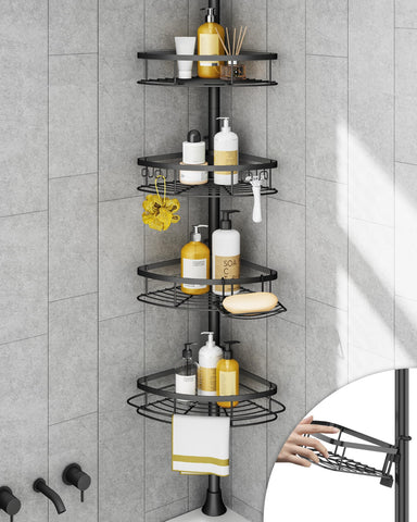 SEIRIONE front view corner caddy showing organized bottles and towels benefit space-saving
