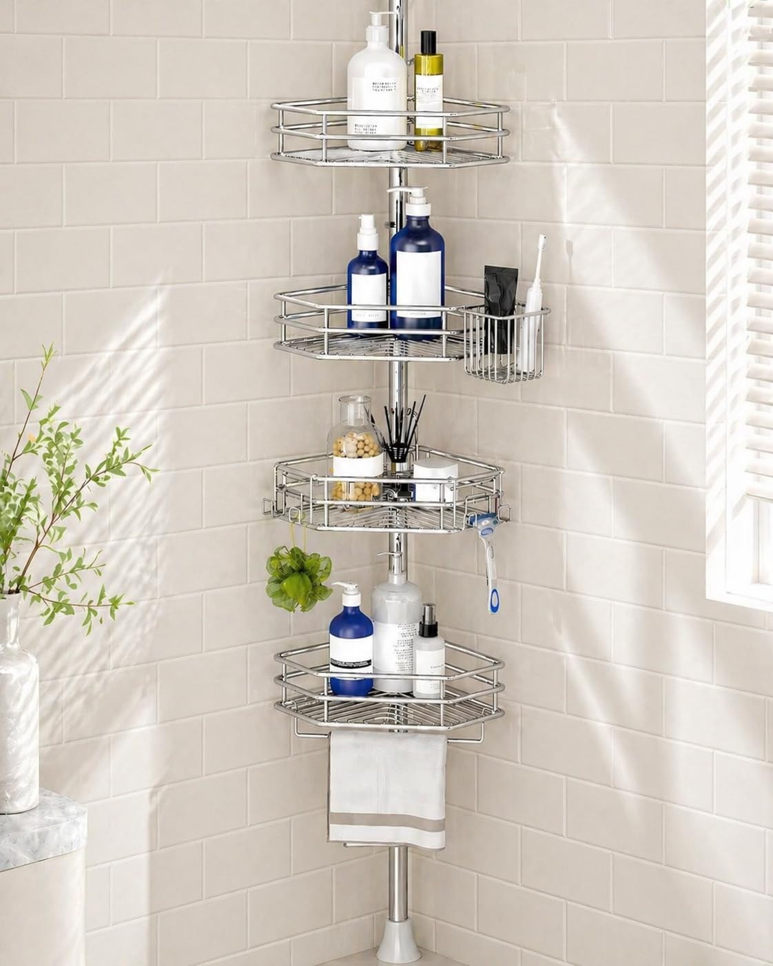 SEIRIONE front view showing full corner shower caddy and tidy toiletries