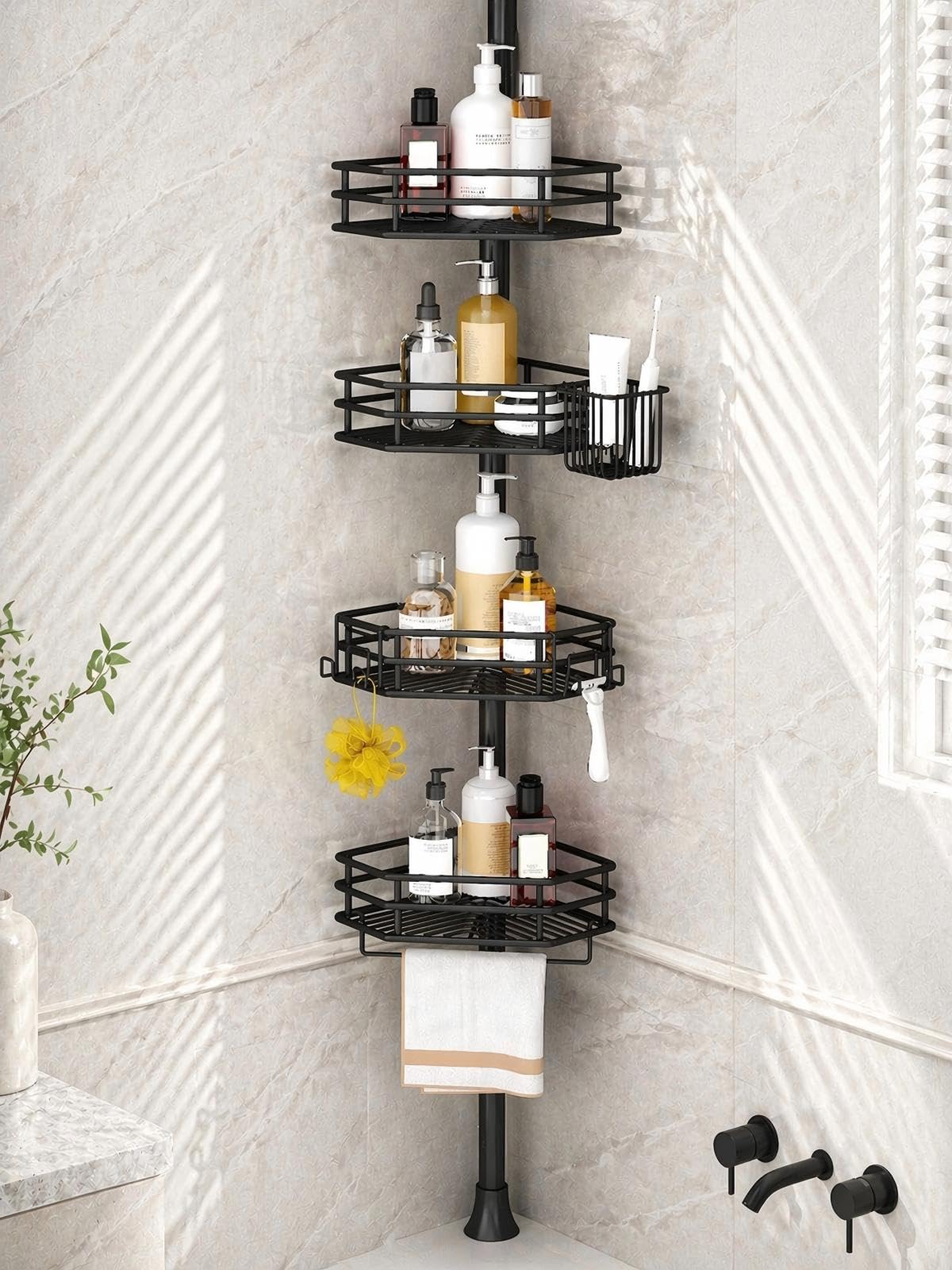 SEIRIONE front view corner caddy showing organized shower storage benefit