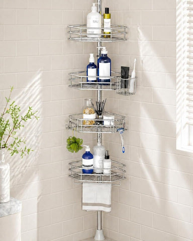 SEIRIONE front view showing full corner shower caddy and tidy toiletries