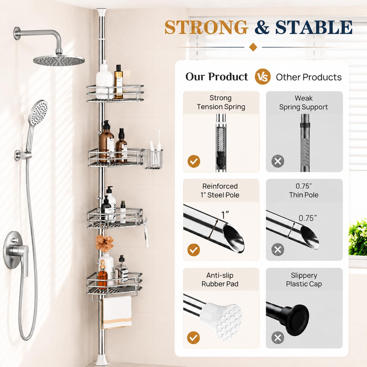 SEIRIONE full-height caddy in bathroom showing adjustable pole scale