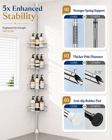 SEIRIONE installed in shower corner showing organized bottles and space savings