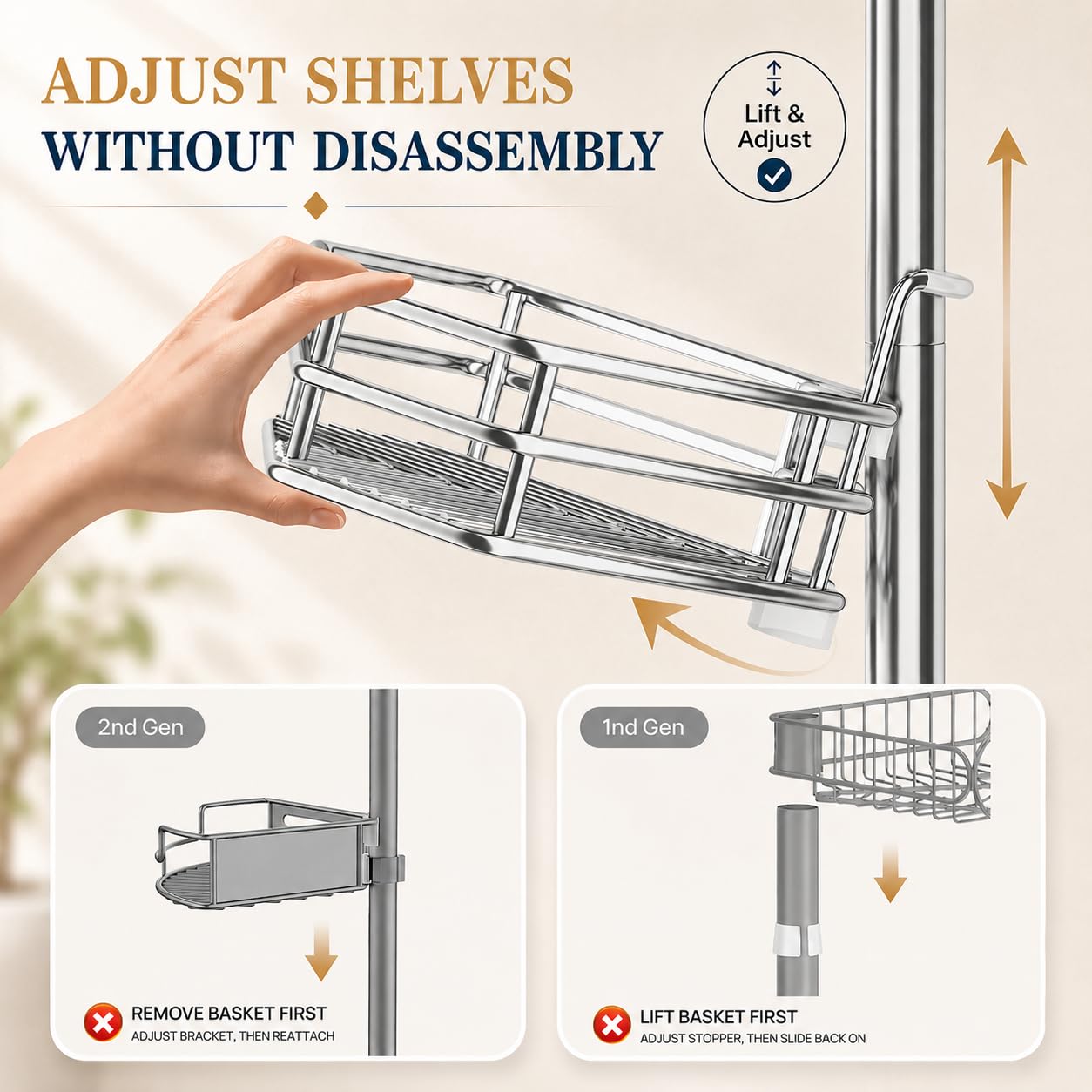 SEIRIONE towel bar and double hooks organized with loofah and towel