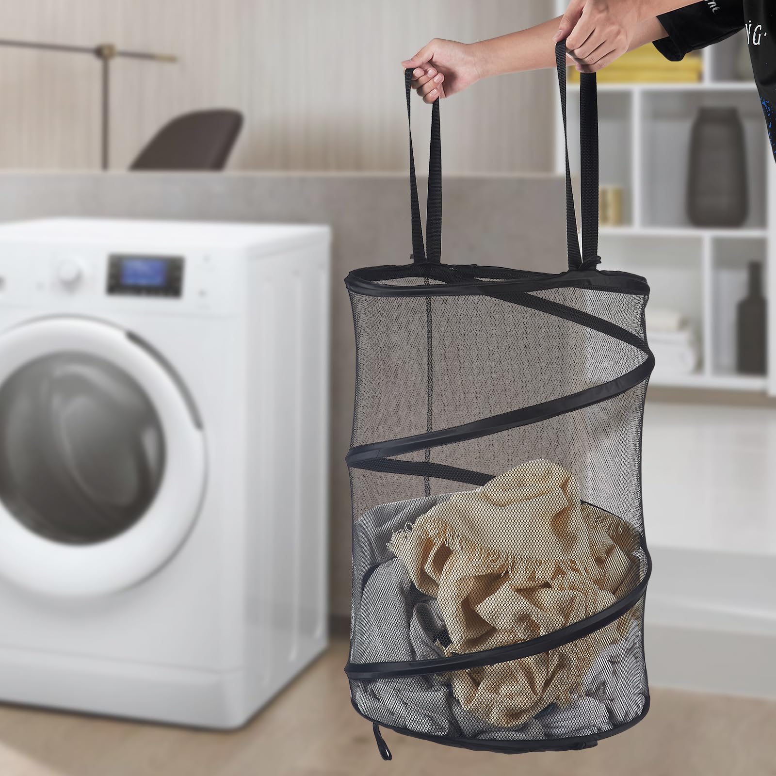 Seiritex in laundry room being carried to washer for convenience benefit