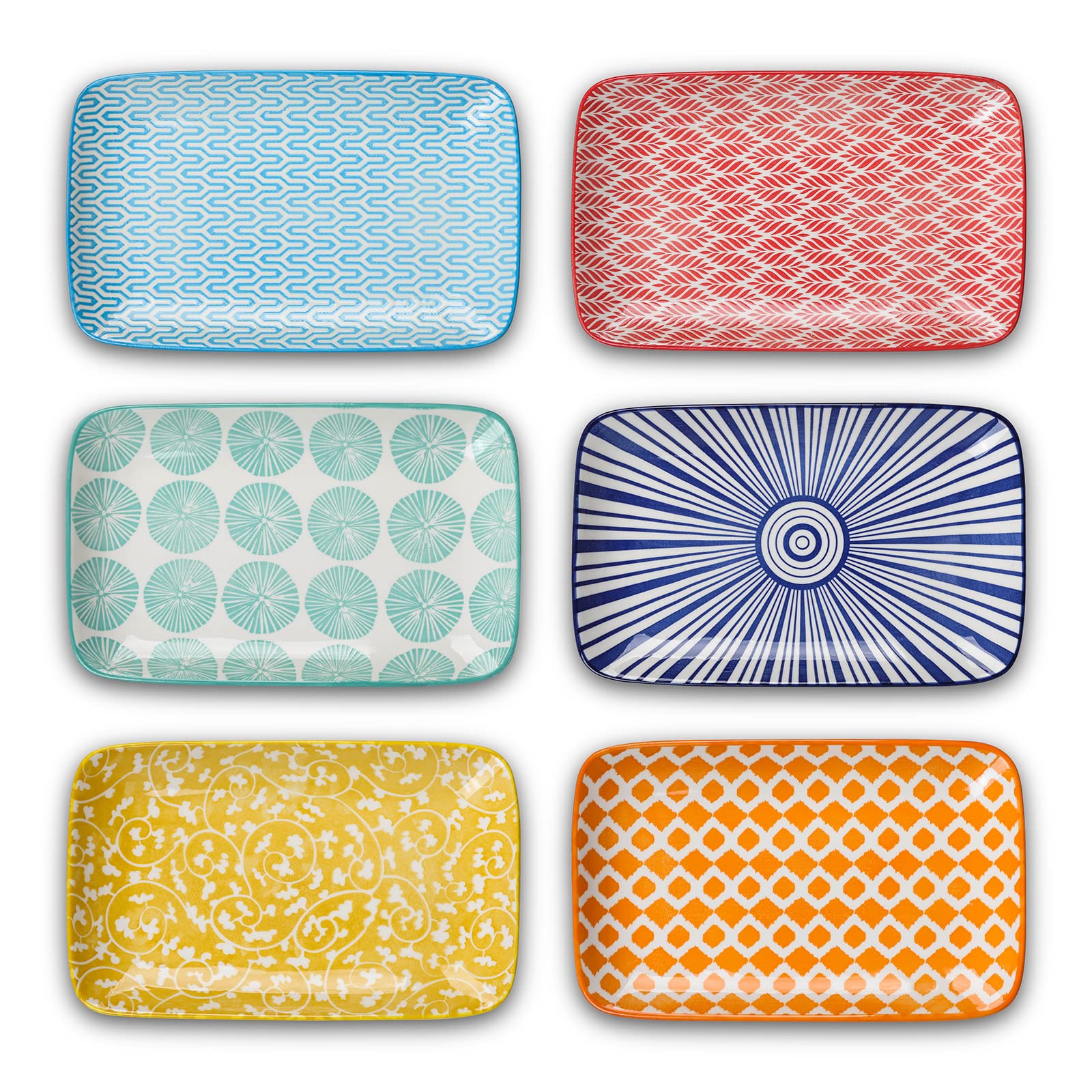 Selamica front view of six rectangular plates showcasing vibrant colors and shape benefit presentation