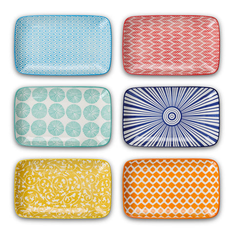 Selamica front view of six rectangular plates showcasing vibrant colors and shape benefit presentation