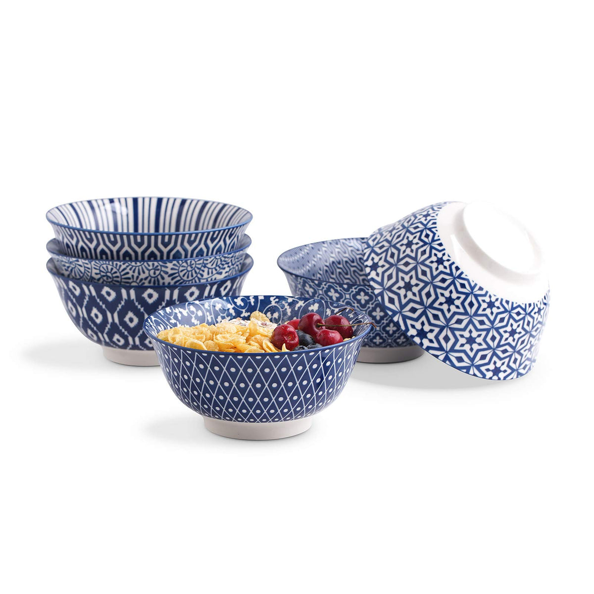 Selamica front view showing vintage blue bowls, elegant presentation benefit