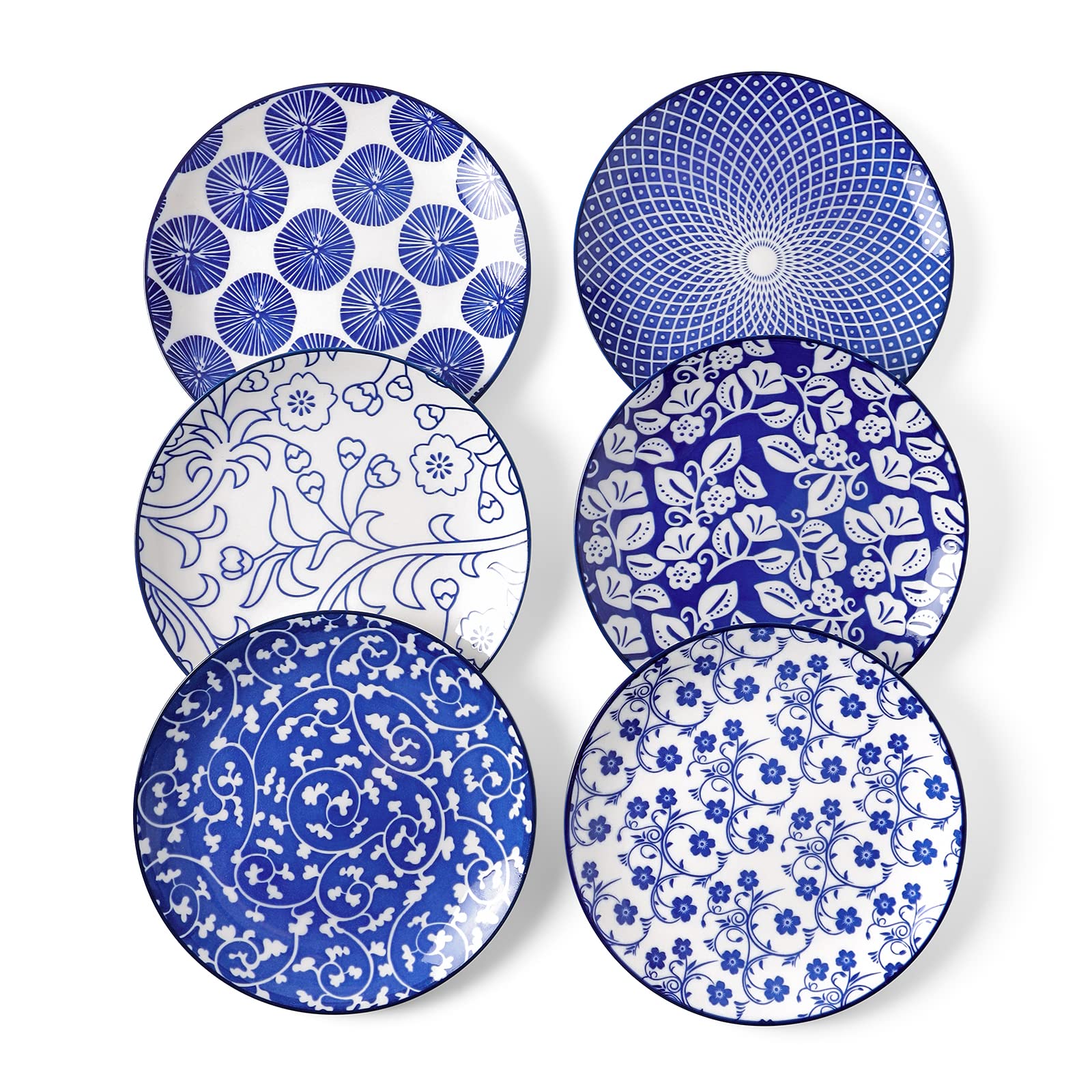 Selamica front view of six plates showing vintage blue design and entertaining appeal