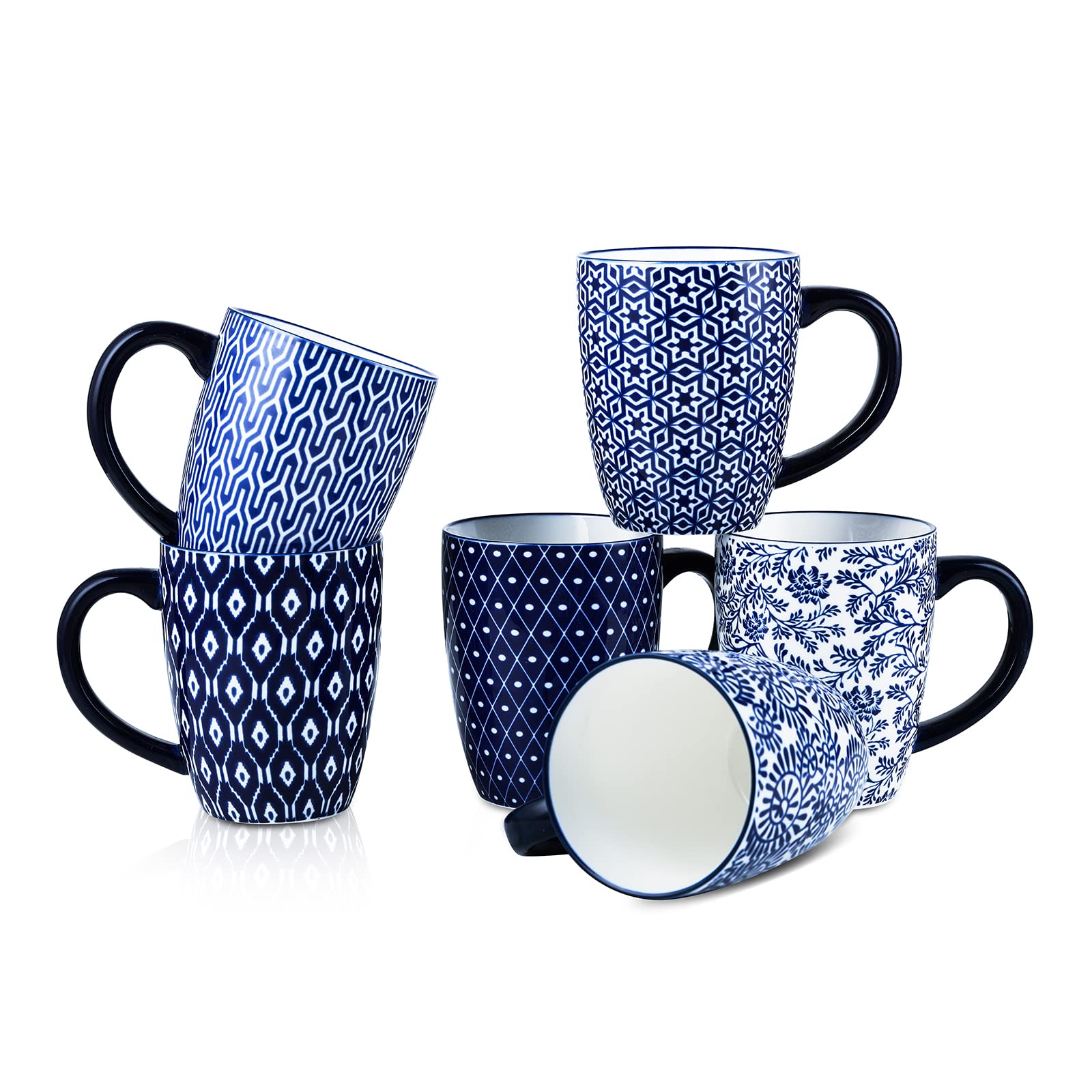 Selamica front view of six vintage blue ceramic mugs showcasing set design and elegance