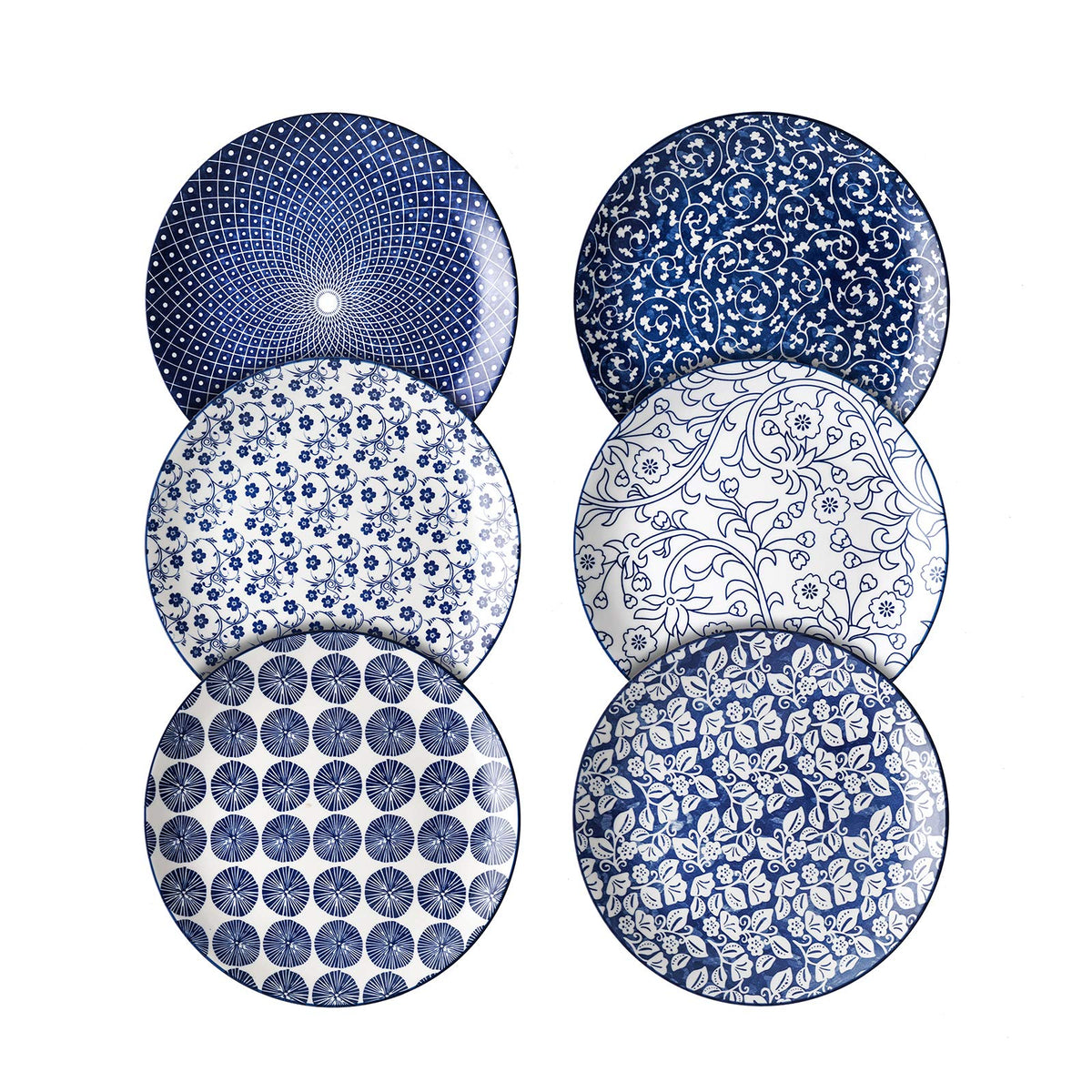 Selamica front view of plate set showing vintage blue pattern and clean presentation benefit