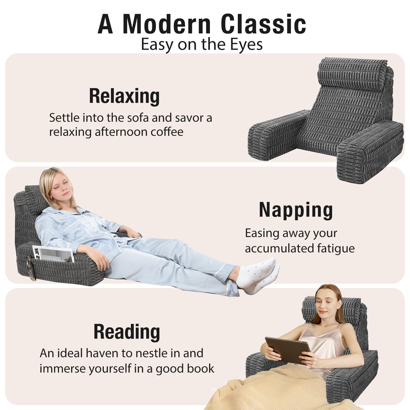 Selectico in-use on a bed showing upright support for reading