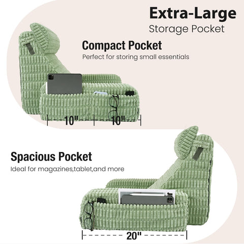 Selectico side view focusing on large pocket for storing remotes and books nearby