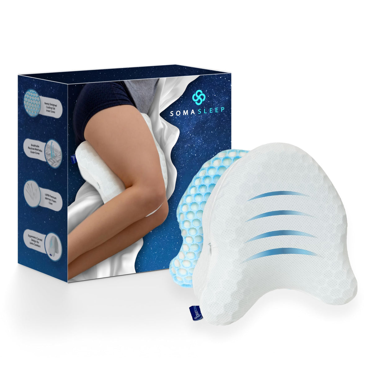 SelectSoma knee pillow front view showing ergonomic shape and cooling cover benefit