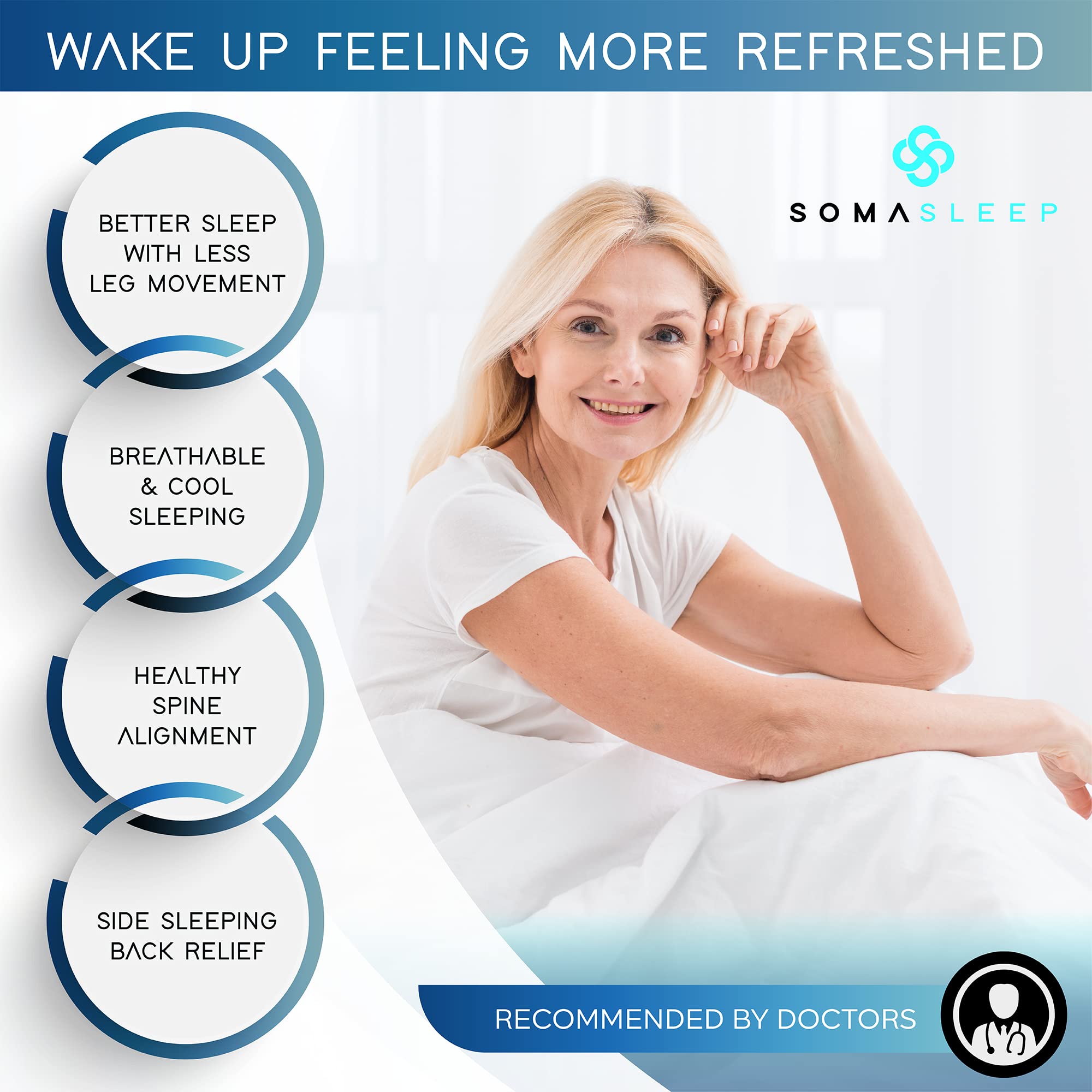 SelectSoma pillow between knees on bed for side-sleeper support and comfort