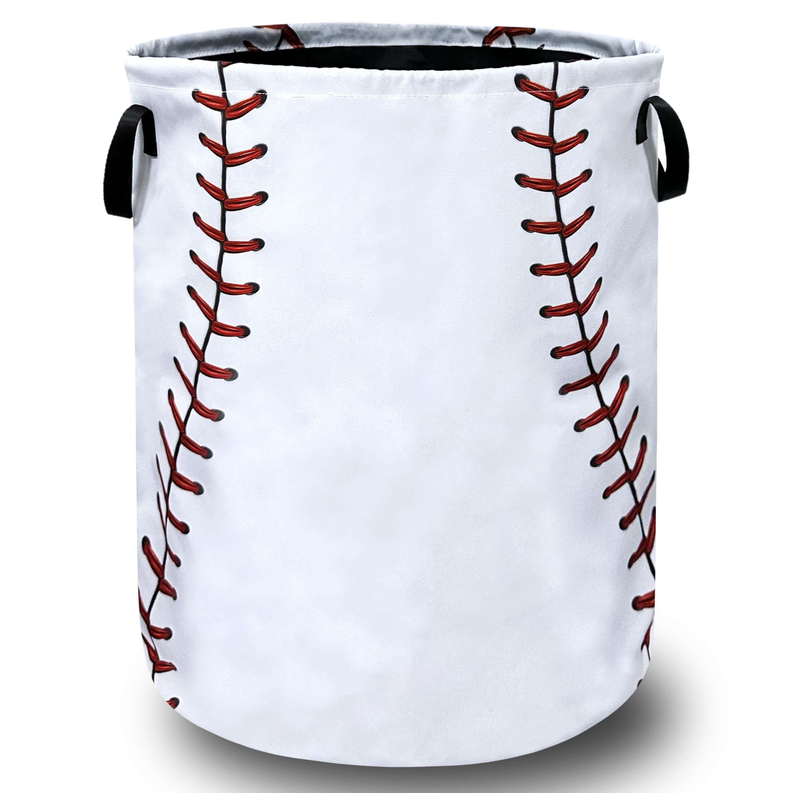 SELIONLIKN front view of baseball hamper showing full shape and sporty print, adds playful organization