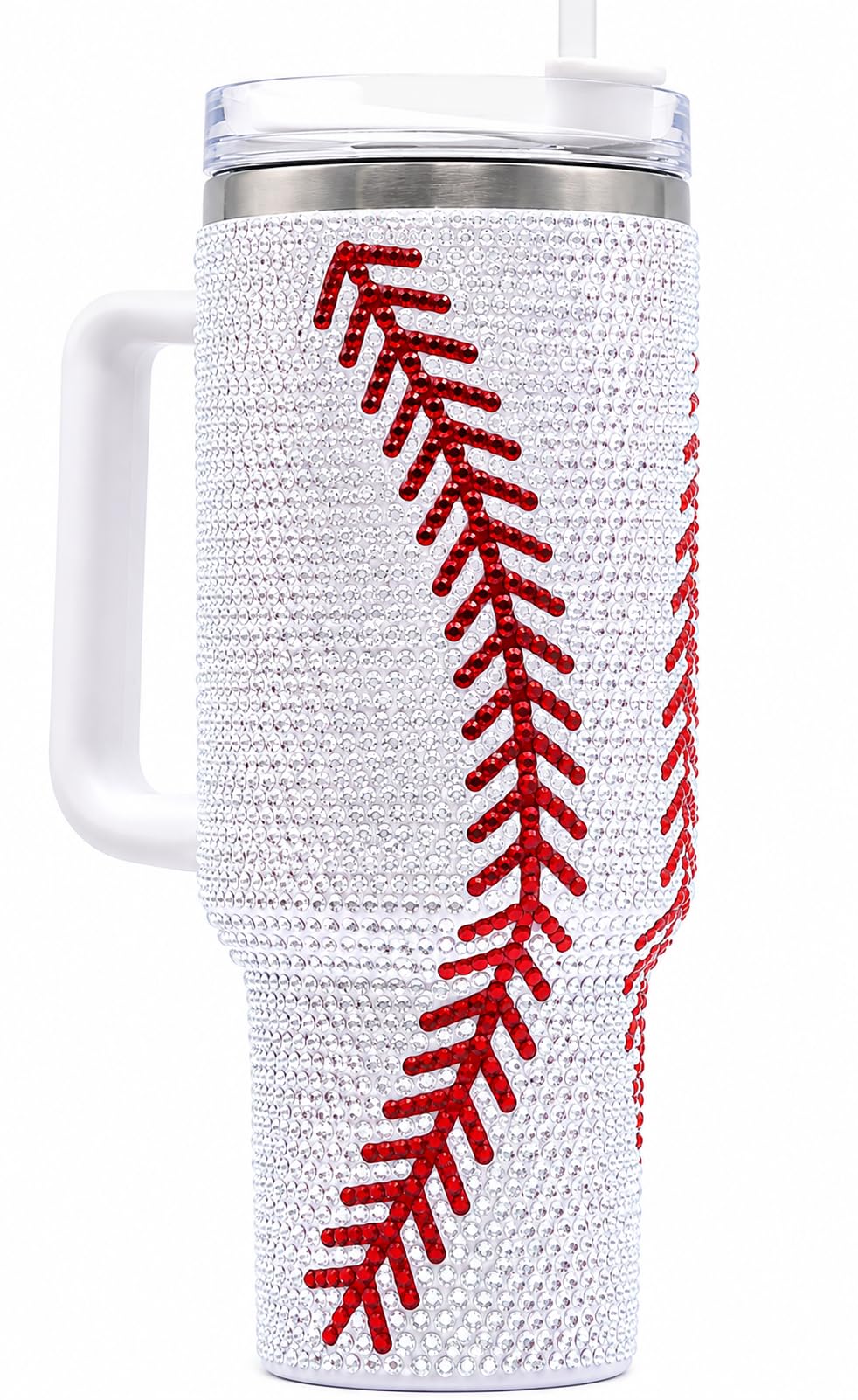 SEM LIFE front view of rhinestone baseball tumbler showcasing glittering design and durability