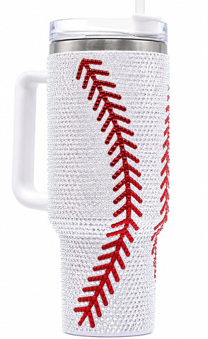 SEM LIFE front view of rhinestone baseball tumbler showcasing glittering design and durability