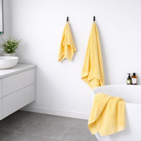 SEMAXE bathroom lifestyle display with towels hung and staged for guest use
